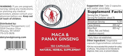 Maca Root Capsules + Korean Panax Ginseng - Concentrated Extract Black + Red + Yellow Maca Root, Panax Ginseng Capsules 150 ct