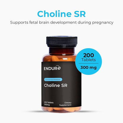Choline Bitartrate Sustained Release - 300mg 200 Tablet - Promotes Brain Health, Mental Focus & Memory - Prenatal Supplement for Development & Growth - 100% Vegan & Non-GMO Co.