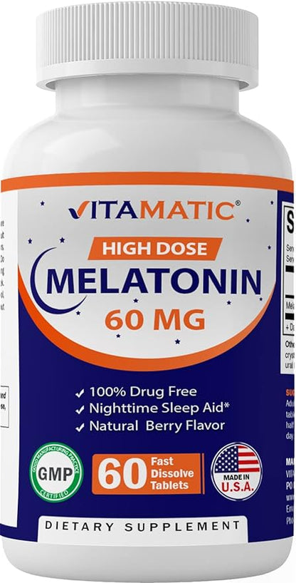 Vitamatic Melatonin 60 mg Fast Dissolve Tablets - 60 Vegan Natural Berry Flavor Tablets - Non-Habit Forming - Non-GMO, Gluten Free (2 Bottles)