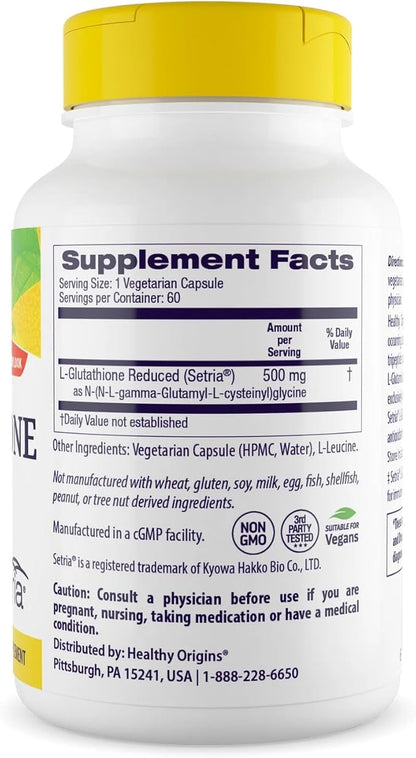 Healthy Origins L-Glutathione 500 mg (Setria, Non-GMO, Gluten Free, Antioxidant, Immune Support, Skin Support), 60 Veggie Caps