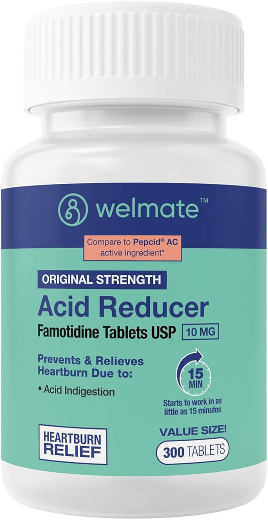 WELMATE - Famotidine Acid Reducer, 10mg - Original Strength - Heartburn Relief - Acid Indigestion - Stomach Relief - Works in 15 Minutes - Generic Medication - Value Size - 300 Tablets