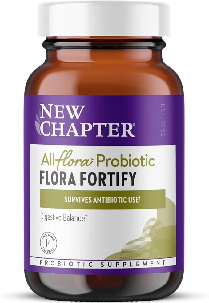 New Chapter All-Flora Probiotic Flora Fortify, Ultra-Concentrated Probiotics for Digestive Health, Survives Antibiotic Use, with Electrolytes + Inulin Prebiotic Fiber, 100% Vegan, 14-Day Supply