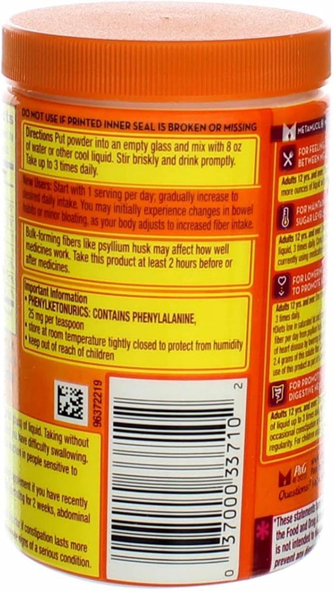 Meta-mucil Multihealth Fiber #1 Doctor Recommended Brand and 100% Natural Psyllium Husk Sugar Free Daily Fiber Supplement of Orange Smooth Fiber Powder and Naturally and Artificially Flavored- 3 Pack