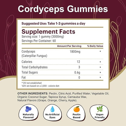 Cordyceps Mushroom Gummies| 5400*mg per Serving| Cherry, Grape, Apple, Orange| 60 Pectin Gummies| Natural Energy Boost Stamina Endurance Gummies| Vegan Supplement| Made in USA