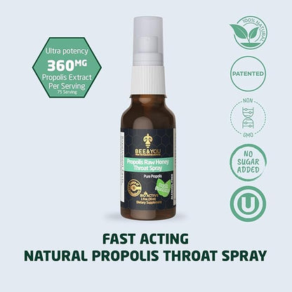Bee and You Raw Honey Throat Spray, 100% Pure Propolis Extract, Immune Support, Sore Throat & Congestion Relief, Oral Health, Antioxidants, Natural, Keto, Paleo, Gluten-Free | 1 FL Oz (Pack of 2)