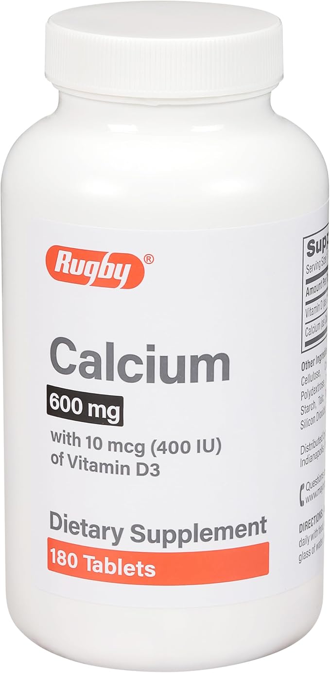 Rugby 600mg Calcium Tablets - Made with 10mcg (400IU) of Vitamin D3 - Dietary Supplement - 180 Count (1 Pack)