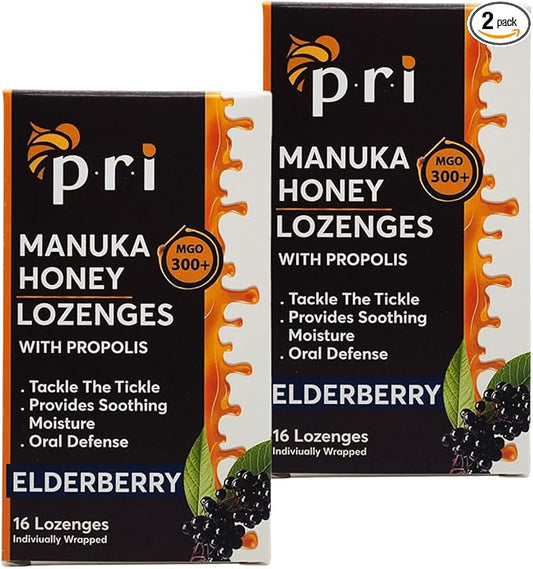 P.R.I Manuka Honey Lozenges with Propolis, Soothing Cough and Throat Drops, MGO 300+ Certified (Elderberry, 16 Count/2 Pack)