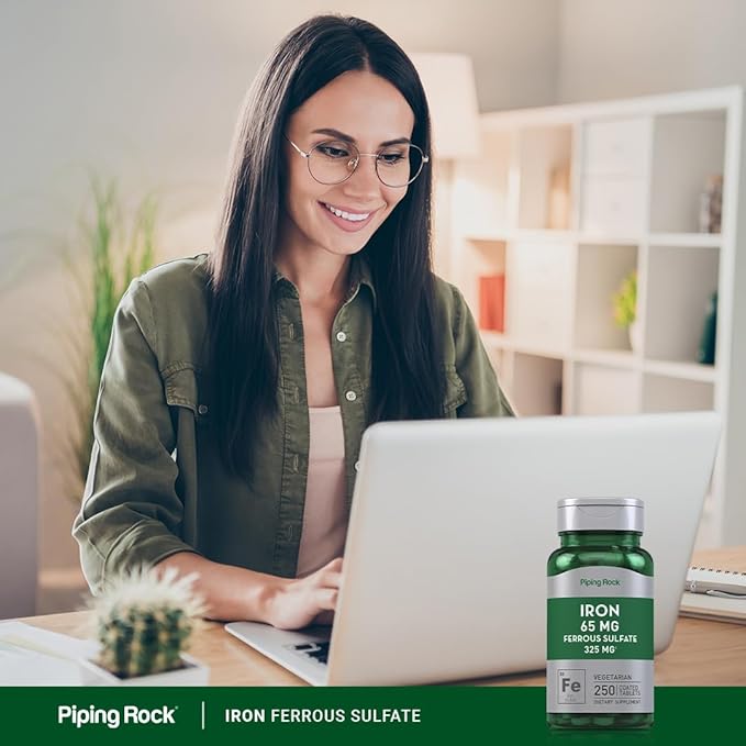 Piping Rock Iron Ferrous Sulfate 65 mg | 250 Tablets | Iron Supplement | High Potency Formula | Vegetarian, Non-GMO, Gluten Free