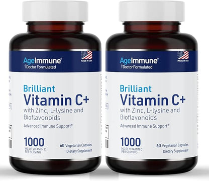 Vitamin C 1000mg Complex with L-Lysine 500mg, Zinc Gluconate 12mg, Bioflavonoids 300mg. Doctor Formulated Magnesium Stearate Free Supplements for Healthy Immune System Support. Two Bottles.(2)