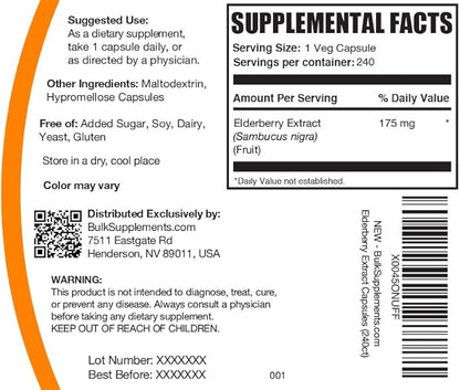 BulkSupplements.com Elderberry Capsules - Sambucus Elderberry Supplements, for Immune Support - Vegan, 1 Capsule per Serving, 240 Veg Capsules (Pack of 1)