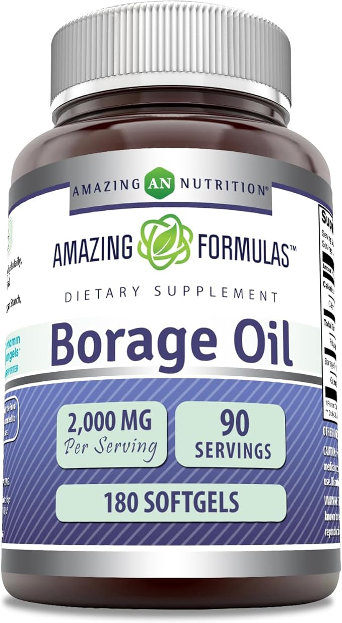 Amazing Formulas Borage Oil Supplement | 2000 Mg Per Serving | Softgels | Non-GMO | Gluten-Free | Made in USA (180 Count, 1 Pack)