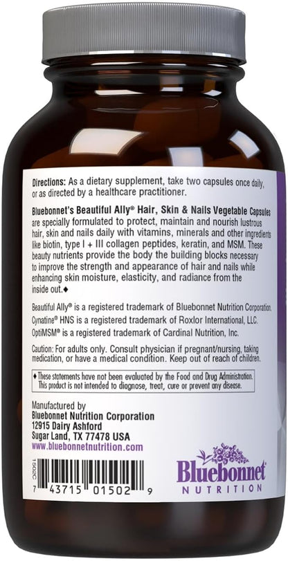 BlueBonnet Nutrition Beautiful Ally Hair, Skin & Nails, Hydrolyzed Collagen from Grass Fed Cows, Collagen Peptides Type 1 & 3, Non GMO, Gluten Free, Soy Free, Milk Free, 90 Vegetable Capsules