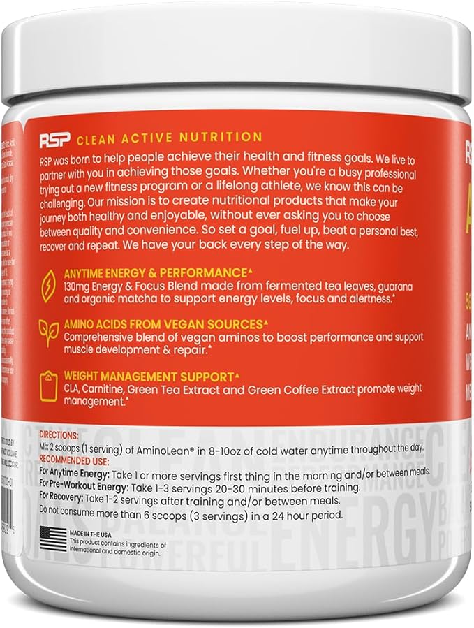 RSP NUTRITION AminoLean Natural Pre Workout Powder, Sucralose Free Amino Energy with No Artificial Dyes, Vegan BCAAs and Weight Management, Mango, 25 Serv