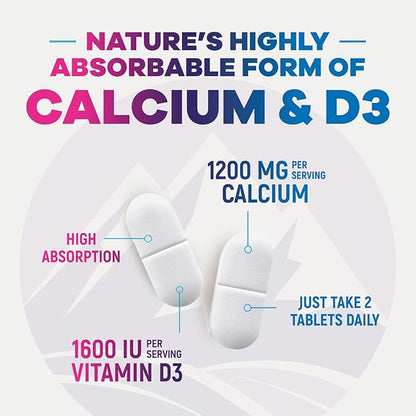 Calcium 1200 mg with Vitamin D3, Calcium Supplement Vitamins, Bone, Teeth & Immune Health Support, Calcium Supplements with D for Women & Men, Nature's Absorbable Calcium Carbonate - 240 Tablets