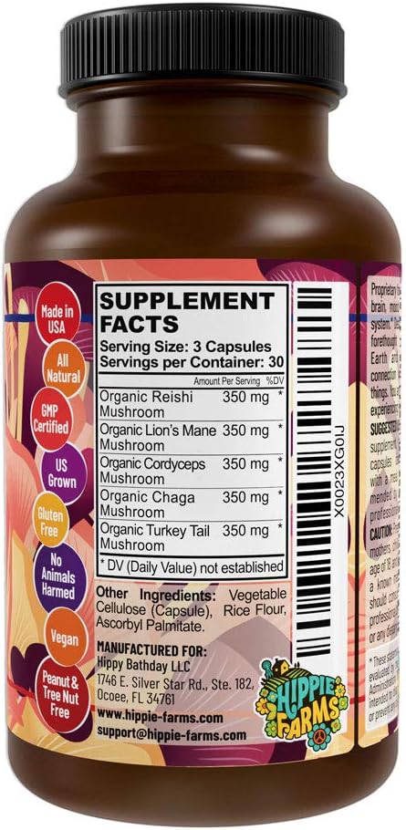 5 Mushrooms Reserve Blend Mushroom Supplement - Lions Mane, Turkey Tail, Reishi, Chaga, Cordyceps - Immune System, Brain, Cognition, Energy, Mood Support