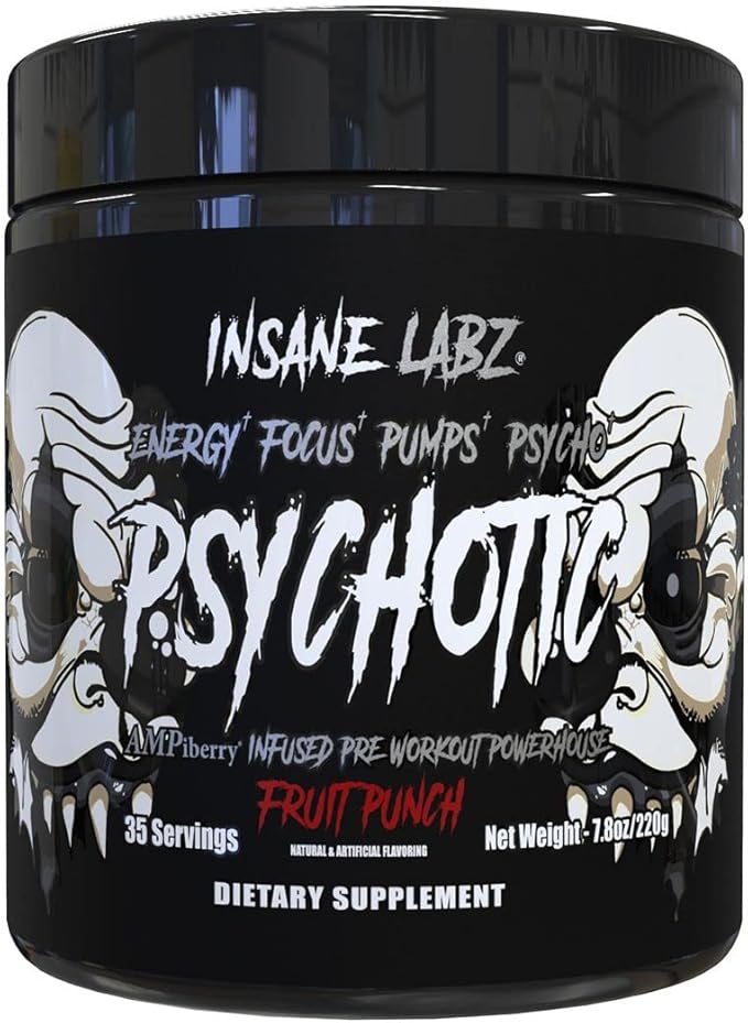Insane Labz Psychotic Black Edition Mid Stimulant Pre Workout Powder, Energy Focus Pumps, Loaded with Creatine Beta Alanine Taurine Fueled by AMPiberry, 35 Servings (Fruit Punch)