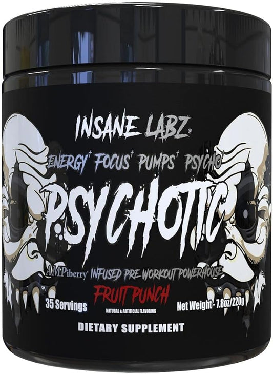 Insane Labz Psychotic Black Edition Mid Stimulant Pre Workout Powder, Energy Focus Pumps, Loaded with Creatine Beta Alanine Taurine Fueled by AMPiberry, 35 Servings (Fruit Punch)