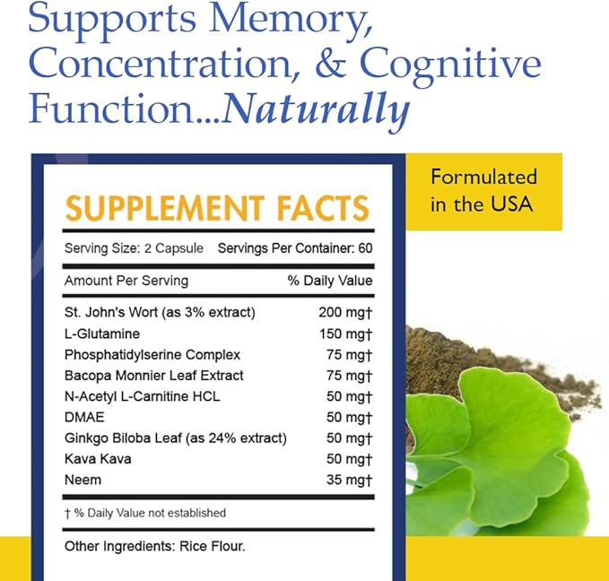 Nutrition Essentials Nootropic Brain Support Supplement - Caffeine-Free Capsules That Support The Brain - Brain Support Pills with St. John's Wort and Ginkgo Biloba