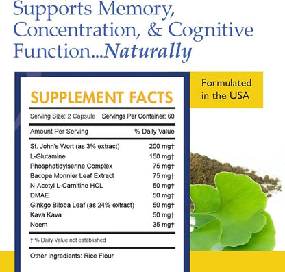 Nutrition Essentials Nootropic Brain Support Supplement - Caffeine-Free Capsules That Support The Brain - Brain Support Pills with St. John's Wort and Ginkgo Biloba