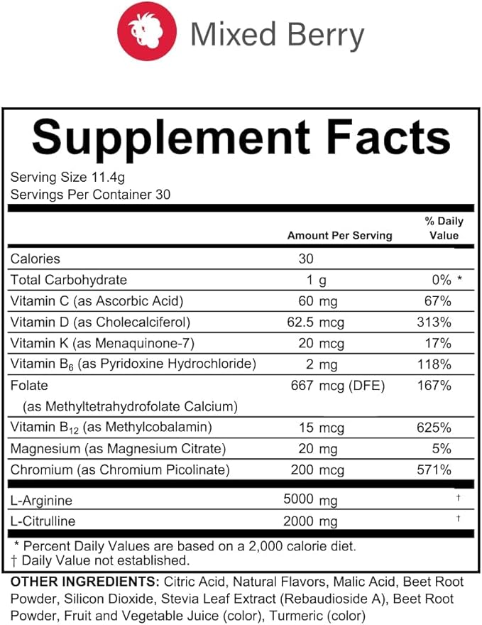 L-Arginine Complete, Mixed Berry - 5000mg L Arginine, Nitric Oxide Booster, Natural Supplement, Increases Energy and Endurance