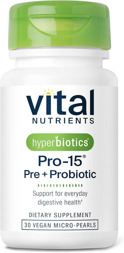 Hyperbiotics Vital Nutrients Pro-15 Prebiotics + Probiotics for Women and Men | 15 Science Backed Strains | Supports Occasional Constipation, Diarrhea, Gas & Bloating | 30 Vegan Time Release Pearls
