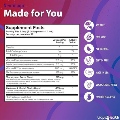 LIQUIDHEALTH Neurologic Focus Supplement - Brain Booster Nootropic Supplement for Cognitive Function, Memory & Focus with Ginkgo Biloba, Choline, L-Theanine & Phosphatidylserine - USA Made (32 oz)