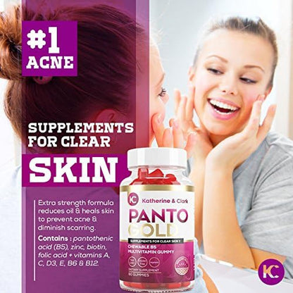 Katherine & Clark Panto Gold Vitamin B5 Pantothenic Acid Gummies for Acne - Hair Skin and Nails Gummies - Biotin, Zinc, Folic Acid Chewable Non-GMO Gluten-Free for Body - Oily Skin Gummies - 60 Count