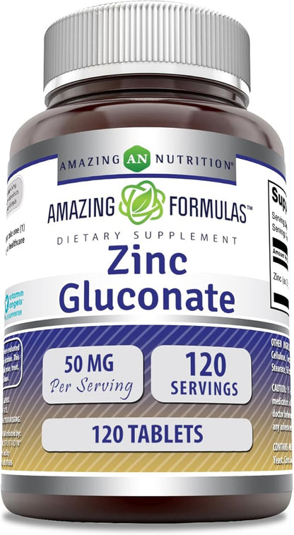 Amazing Formulas Zinc Gluconate Supplement | 50 Mg Per Serving | Tablets | Non-GMO | Gluten-Free | Made in USA (120 Count)