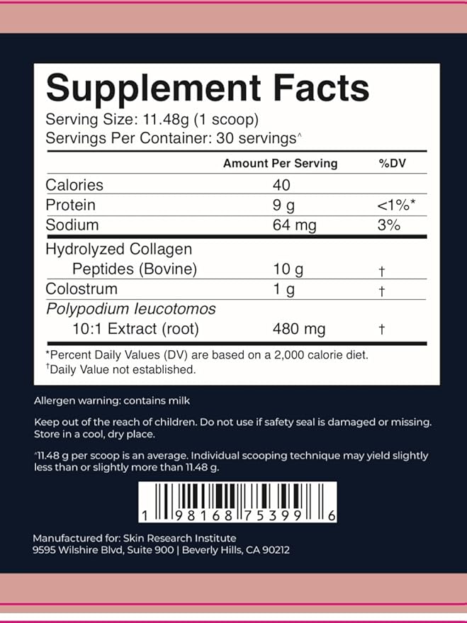 Skin Research Institute ColSilk Collagen Powder Supplement with Collagen, Colostrum, and Polypodium for Skin, Hair, Nails, and Joint Support – One Scoop per Serving – Unflavored (1 Month Supply)