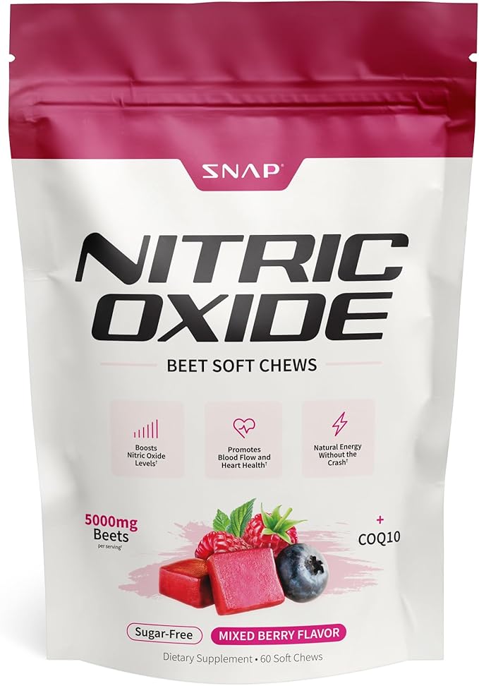 Snap Supplements USDA Organic Beet Root Powder, 3-in-1 Nitric Oxide Supplement, Support Healthy Blood Pressure and Blood Circulation, 250g (60 Servings (Pack of 1), Mixed Berry (Chews))