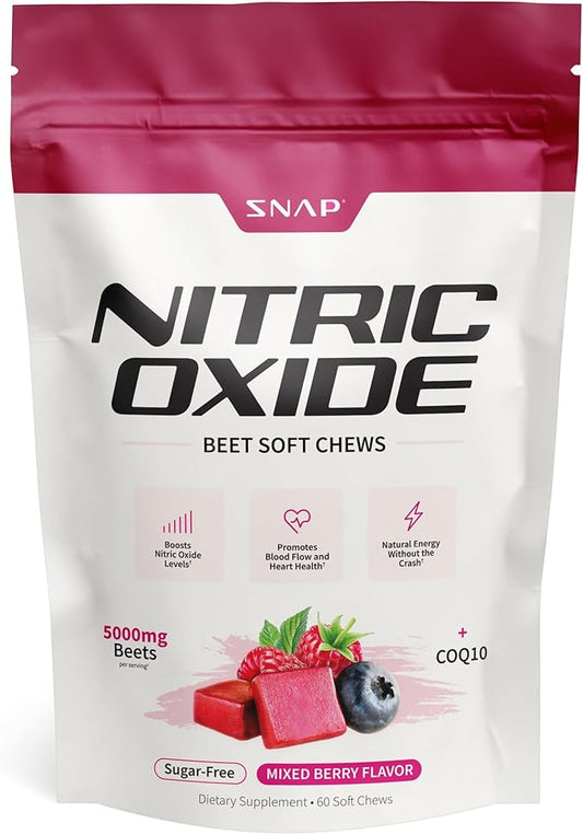 Snap Supplements USDA Organic Beet Root Powder, 3-in-1 Nitric Oxide Supplement, Support Healthy Blood Pressure and Blood Circulation, 250g (60 Servings (Pack of 1), Mixed Berry (Chews))