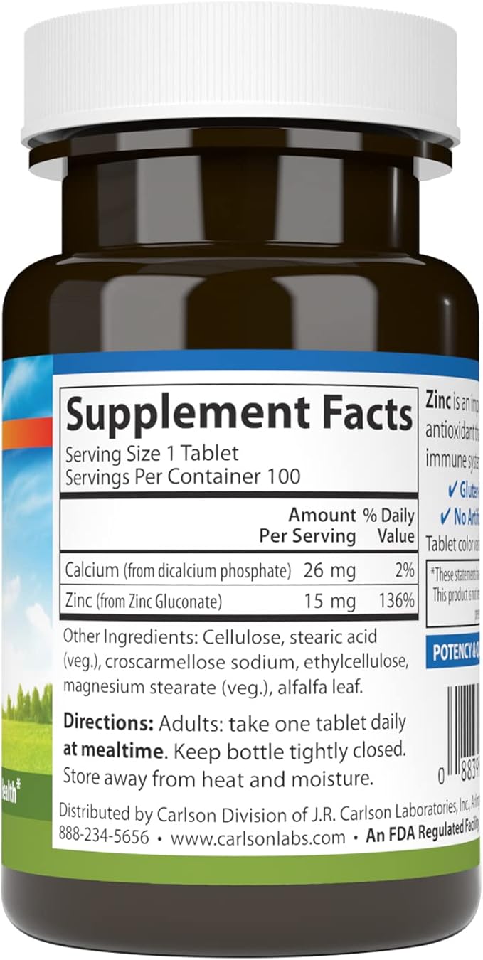 Carlson - Zinc, 15 mg, Zinc Supplement, Zinc Gluconate, Immune Support & Skin Health, Zinc Tablets, Antioxidant, Zinc Capsules, 100 Tablets