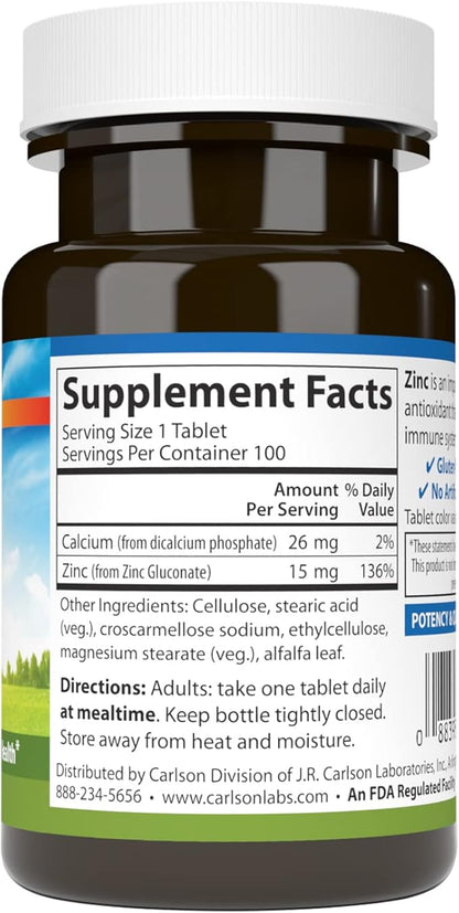Carlson - Zinc, 15 mg, Zinc Supplement, Zinc Gluconate, Immune Support & Skin Health, Zinc Tablets, Antioxidant, Zinc Capsules, 100 Tablets