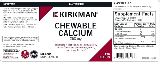 Kirkman - Calcium 250mg with Vitamin D3-120 Tablets - Essential Minerals - Helps Maintain Strong Bones - Hypoallergenic