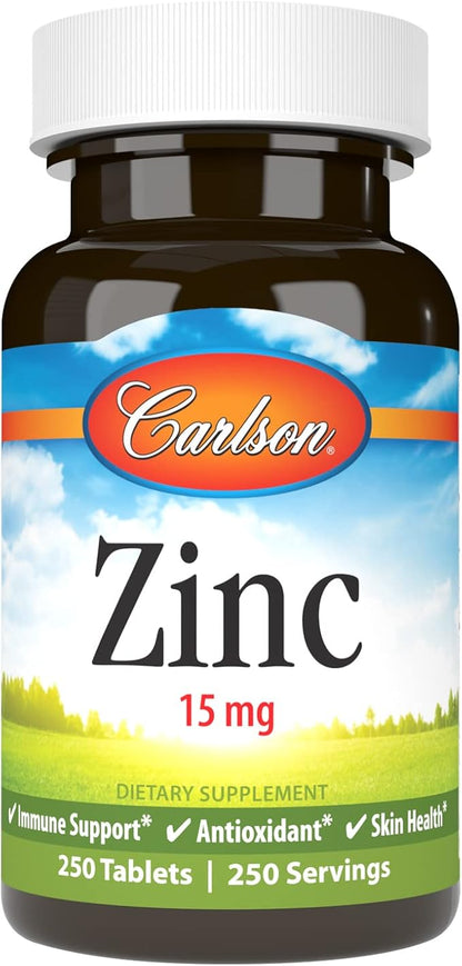 Carlson - Zinc, 15 mg, Zinc Supplement, Zinc Gluconate, Immune Support & Skin Health, Zinc Tablets, Antioxidant, Zinc Capsules, 250 Tablets