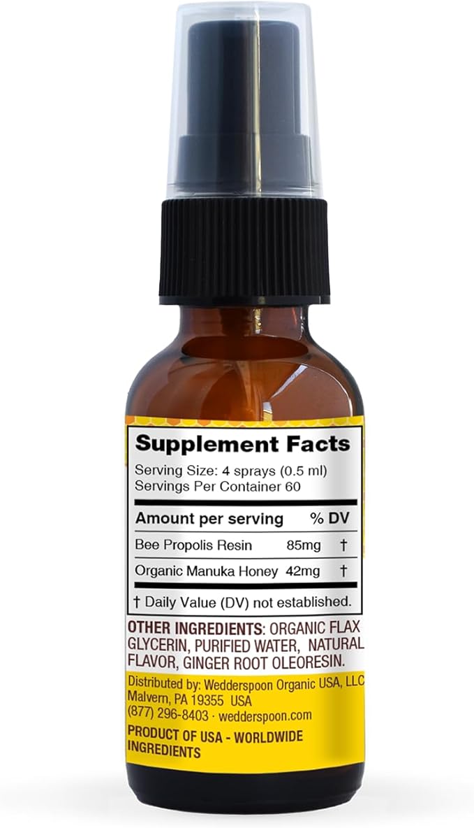 Wedderspoon Propolis and Manuka Honey Throat Spray, Lemon & Ginger, 1 Fl Oz (Pack of 1), Sore Throat Relief, Natural Immune Support