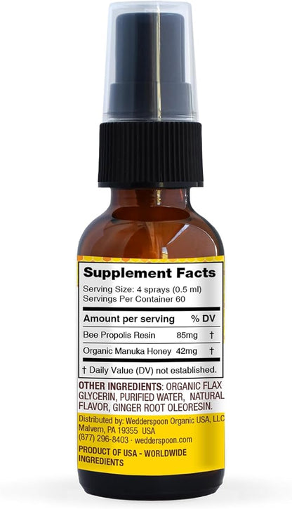 Wedderspoon Propolis and Manuka Honey Throat Spray, Lemon & Ginger, 1 Fl Oz (Pack of 1), Sore Throat Relief, Natural Immune Support
