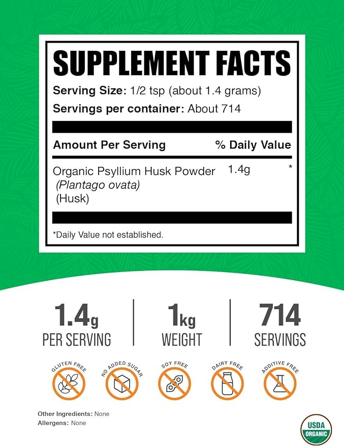 BulkSupplements.com Organic Psyllium Husk Powder - Psyllium Husk Fiber, Fiber Supplement, Nutritional Supplement - Gluten Free, 1.4g per Serving, 1kg (2.2 lbs) (Pack of 1)