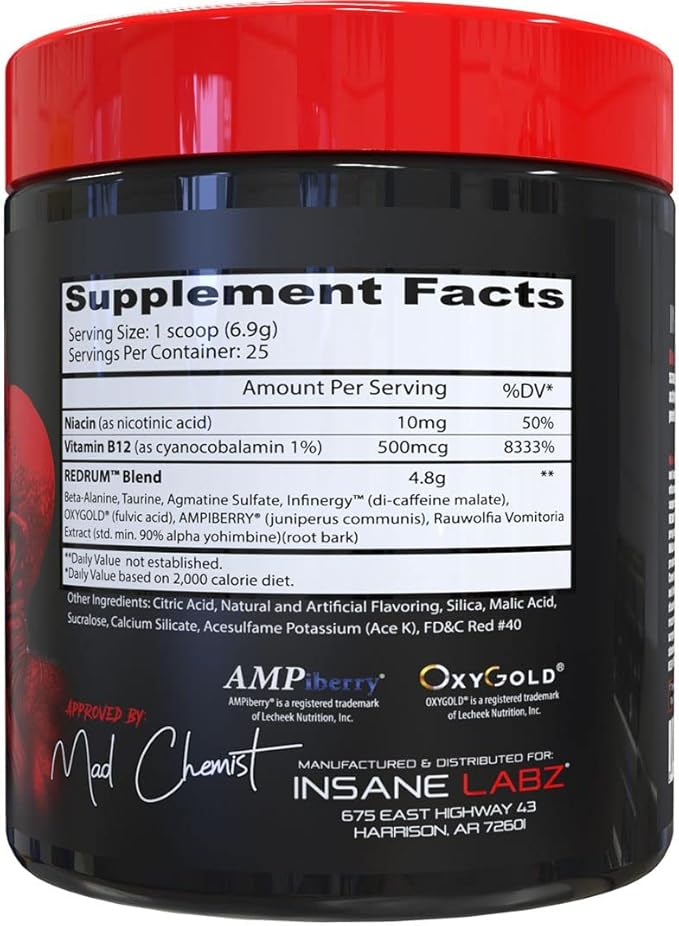 Insane Labz Redrum High Stim Pre Workout NO Booster Powder, Loaded with Beta Alanine Agmatine Sulfate Taurine Fueled by AMPiberry, OXYgold,Focus Strength Recovery,25 Srvgs Redrum (Grape)