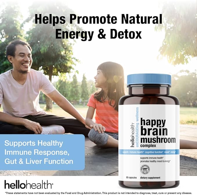 Happy Brain Mushroom Complex Nootropics Brain Support Supplement, 10 Mushroom Supplement: Lions Mane, Turkey Tail, Red Reishi, Shiitake Mushrooms for Improved Clarity, Energy, Immune Support 60ct. 2pk