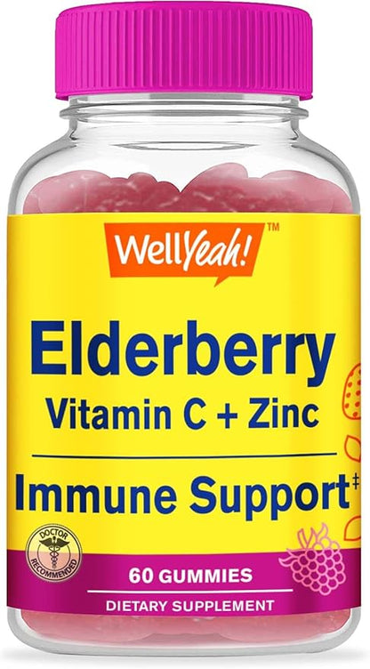 Elderberry Gummies with Vitamin C and Zinc - Antioxidant and Immune Support, Black Elderberry Dietary Supplement for Men and Women - Non GMO, Vegan - Naturally Sourced Flavors - 60 Count