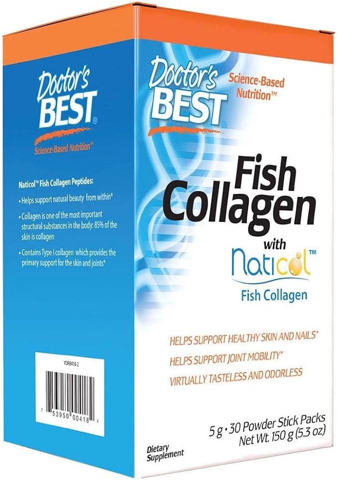 Doctor's Best Fish Collagen w/Naticol Fish Collagen, Supports Skin, Nails, Joints, 30 Powder Stick Pack