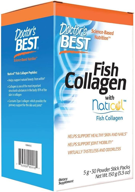 Doctor's Best Fish Collagen w/Naticol Fish Collagen, Supports Skin, Nails, Joints, 30 Powder Stick Pack