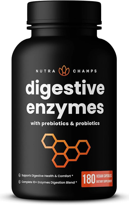 NutraChamps Digestive Enzymes with Probiotics and Prebiotics for Women & Men - 180 Vegan Capsules with Bromelain for Bloating & Optimal Gut Health