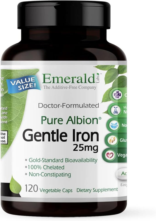 EMERALD LABS Gentle Iron 25mg - Ferrous Bisglycinate Chelate - Chelated Iron Supplement That Supports Energy, Eye, Immune & Heart Health - 120 Vegetable Capsules (120-Day Supply)