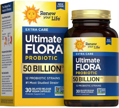 Ultimate Flora Probiotics 50 Billion CFU Delayed Release Vegan Capsules | Extra Care | Digestive Health | Immune Health | Dairy Free | 30 Count
