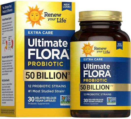 Ultimate Flora Probiotics 50 Billion CFU Delayed Release Vegan Capsules | Extra Care | Digestive Health | Immune Health | Dairy Free | 30 Count