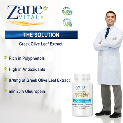 Zane Greek Olive Leaf Extract - min. 20% Oleuropein - Provides Immune and Healthy Blood Pressure Support, Promotes Cardiovascular System Health - 60 Capsules Non-GMO, Gluten - Lactose – Paraben Free