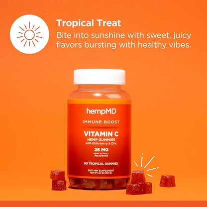 1500 mg Vitamin C Immunity Gummies - Relax and take Care of Your Immune Health. Infused with Citrus Burst Flavor with 25mg Hemp Extract, Vitamin D, E, Elderberry, Zinc 60 Ct