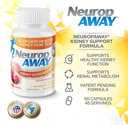 NeuropAWAY Kidney Support Formula Sugar Free with Agmatine Sulfate 500mg L-Novaline 50mg L-Ornithine 150mg L-Citrulline 100mg Per Capsule 90CT Fast Acting Kidney Support